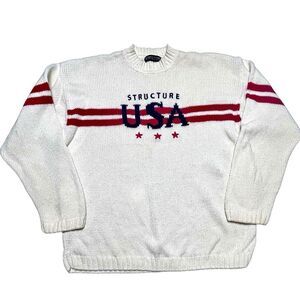 Structure USA Off‎ White Knit Sweater Red Blue Stripes Sz XL